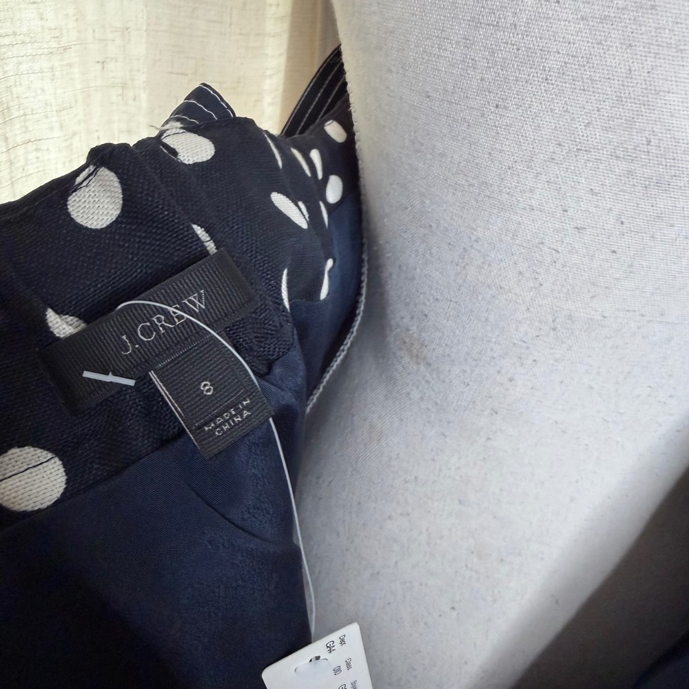 NWT J.Crew Polka Dot Dress Tie Shoulder Silk Linen Blend Navy Women's Size 8 - Picture 6 of 9